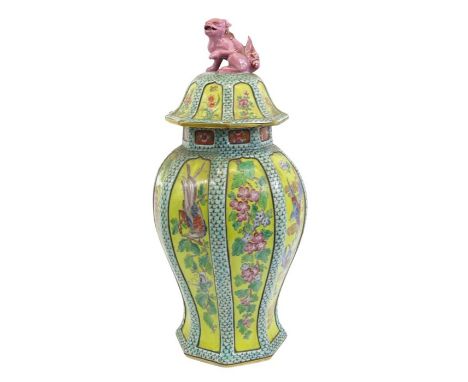 A Samson Chinese style temple vase and cover, inverse baluster form with yellow ground floral panels, inset within a fish sca