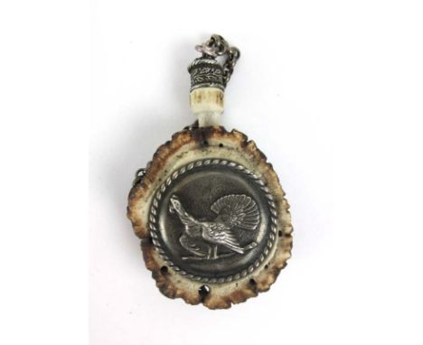 A Bavarian Charivavi hunting charm having bird motif in an antler mount 