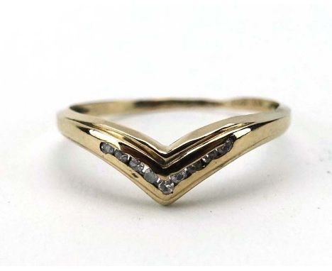 A 9ct yellow gold ring of wishbone form set small diamonds, ring size K 1/2, 0.9 gms CONDITION REPORT: Heavy wear 