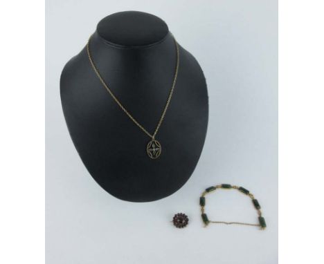 A 9ct gold jade bracelet together with a 9ct gold Art Nouveau pendant on a yellow metal chain and a yellow metal garnet brooc