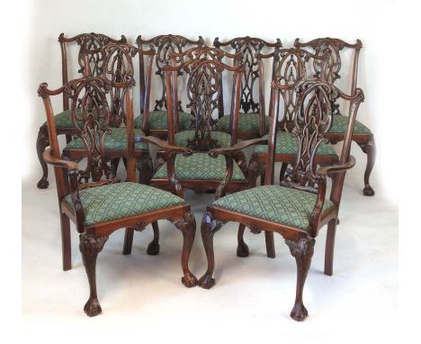 A set of ten (eight single, two carver) reproduction mahogany 18th century style dining chairs, the carved and pierced cresti