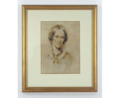 Late 19th/early 20th Century School,a head and shoulders portrait of Emily Bronte,woven silk,23 x 16 cm