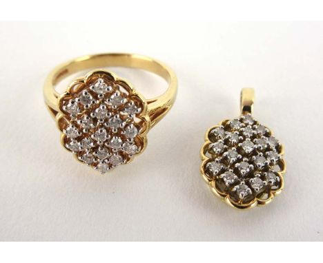 An 18ct yellow gold diamond cluster ring with a flower head setting, together with a matching yellow metal diamond pendant. A