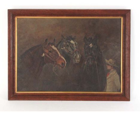 Henry Frederick Lucas-Lucas (1848-1943),a study of three horses and owner,signed,oil on canvas,35 x 49 cm   CONDITION REPORT: