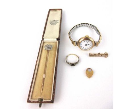 A parcel of mixed jewellery to include 9ct gold cased watch, yellow metal diamond and ruby ring, 9ct gold music note bar broo