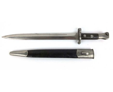 A British 1888 pattern Lee Metford MKII bayonet with inspection marks to blade and a leather/steel scabbard. Blade length 30 