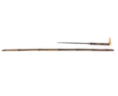 A late Victorian bamboo sword stick, the push button release revelling a short square tapering blade. Overall length 85 cm. C