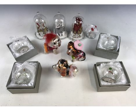 Eight boxed light-up glass Christmas baubles together with three novelty dog baubles