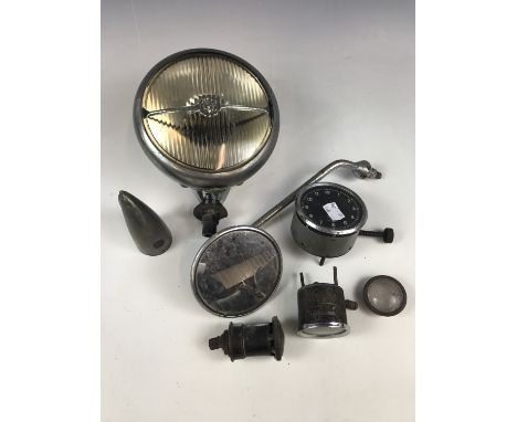 Vintage classic car parts including dial clocks and a "King of the Road" head / spot lamp etc