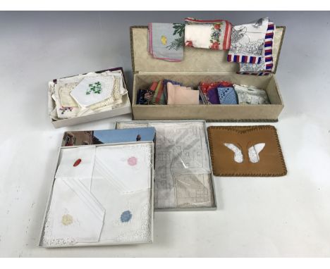 An embroidered fan box containing a quantity of vintage handkerchiefs, together with one further small carton of embroidered 