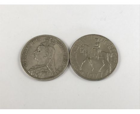 An 1889 Queen Victoria 'Jubilee Head' silver crown, together with a 1977 Queen Elizabeth II Silver Jubilee commemorative crow