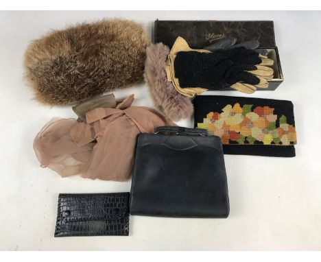 Vintage ladies' costume accessories, including a 1930s gros-point clutch, and an early 20th Century glove box containing croc