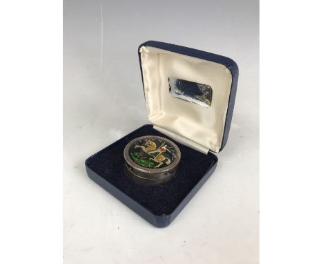 An Elizabeth II silver snuff box, of drum form, the cover inset with an enamelled 1935 silver Crown coin, Charles S Green & C