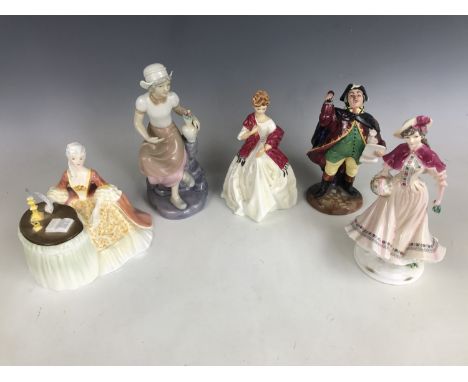 Two Royal Worcester figurines including First Dance, 3629 and Noelle together with a Royal Doulton Meditation figurine, a Spa