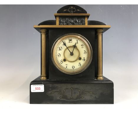 A Victorian black slate and marble mantel clock, 30 cm