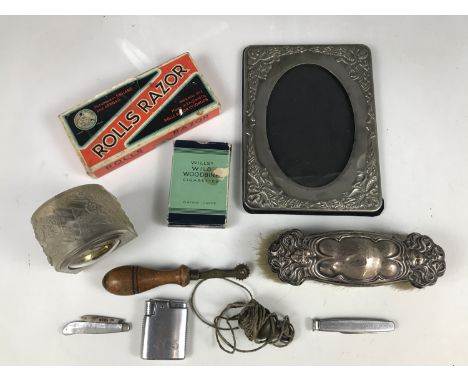 Sundry collectors' items including a silver fruit knife, a silver mounted clothes brush, a boxed Rolls razor and a glass-case