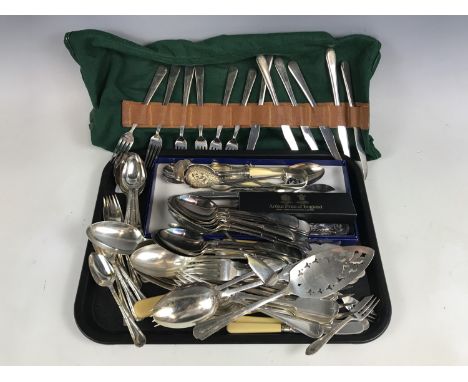 A quantity of electroplate cutlery including a Henry Wilkinson cutlery set in a cloth bag