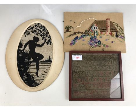 A Victorian needlework sampler, framed under glass, together with a vintage cross stitch of a silhouetted nymph, and a 1920s 