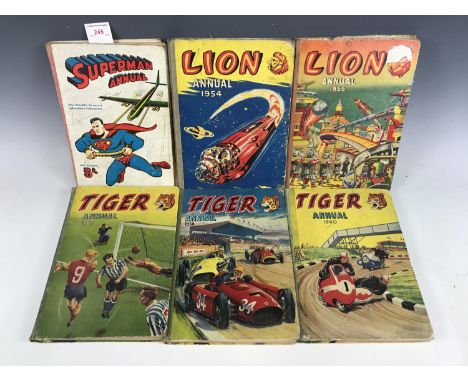 Vintage children's comic book annuals, including the Superman 1954-5 annual, Lion annuals for the years 1954 and 1955, Tiger 