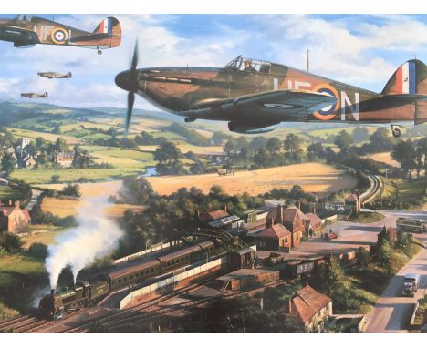 A limited edition Tangmere Hurricanes signed print by Nicolas Trudgian, framed and mounted, 52 x 75 cm