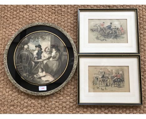 A 19th Century hand-tinted offset lithograph entitled 'The Visit Returned', framed and mounted under glass together with two 