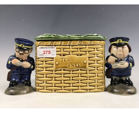 A novelty 'parking attendant' salt and pepper set, together with a Sylvac "Tea Bags" basket-form covered box, shape 5038