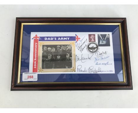 A Benham's framed Dad's Army 30th Anniversary First Day Cover, signed by Bill Pertwee, Clive Dunn, Ian Lavender, Pamela Cunde