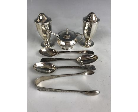 Three Georgian silver coffee spoons together with silver sugar tongs and a three piece silver cruet set