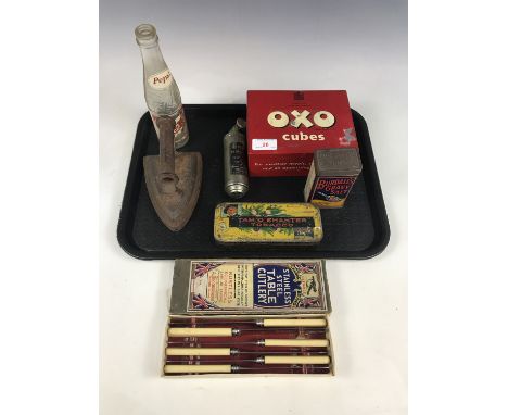Vintage household / advertising items, including a Pepsi-Cola glass bottle, a Burdall's gravy salts tin, OXO cube's tin, and 