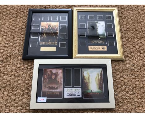 Three Lord of the Rings 35mm film cell presentations, to include The Fellowship of the Ring (certified by Excalibur), The Two