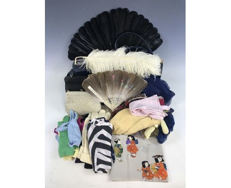 Vintage costume accessories, to include 1960s handbags, feather fans, day and evening gloves and printed handkerchiefs 