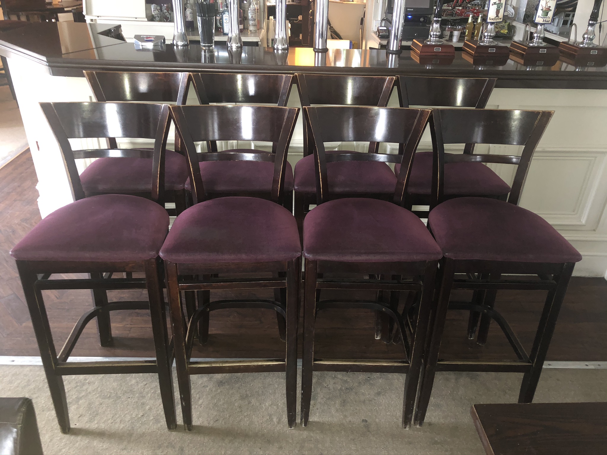 8 x Wooden Bar Chairs w/ Cushioned Seating in Purple This lot is suitable for the following colle