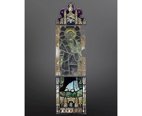 Saint Peter the Apostle, standing against a foliate background, within Gothic architectural borders, monogrammed SP to lower 