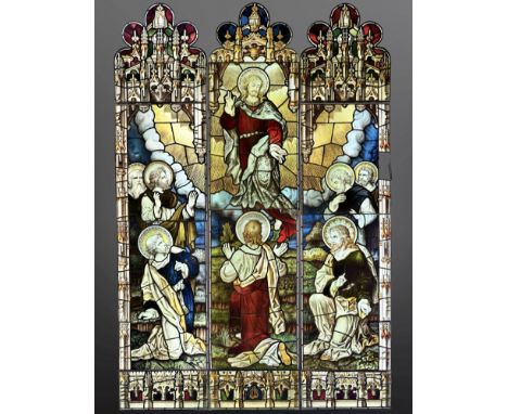 Christ's Ascension into Heaven, his followers stand and kneel before him as a golden light from heaven divides the sky and he