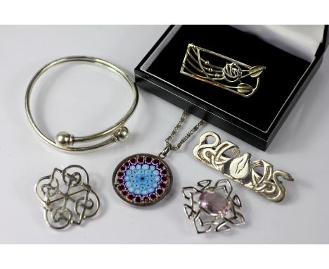 A Danish silver bangle, Aarre & Krogh Eftf-Randers (1949-1990); a The Renne Mackintosh Collection silver brooch, decorated wi