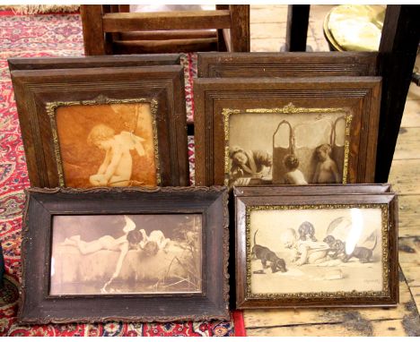 Two pairs of Victorian oak picture frames enclosing prints of children, a pair of prints after A Roeseler and a further print