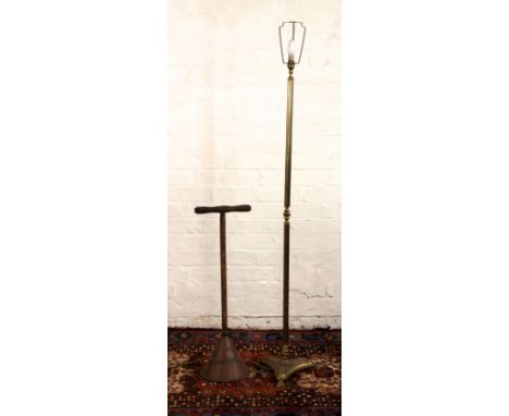 A fluted cornthian column brass standard lamp, on triangular base and paw feet; a Simplex Premier copper wash dolly (2)