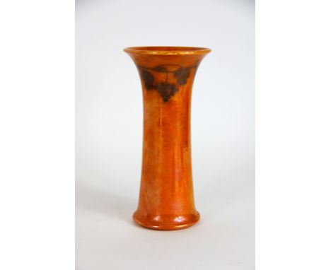 A Ruskin Pottery orange glazed, low fired trumpet vase, dated 1908, probably by William Howson Talor, vine decoration to the 