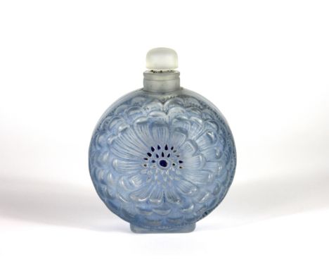 A Lalique Dhalia pattern scent bottle and stopper, with blue staining, etched 'R. LALIQUE FRANCE', 13cm high