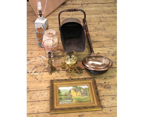 D. Wordley, watercolour, Coorn Mill Lower Slaughter, signed; four decorative lamps; A copper coal scuttle;  a copper warming 