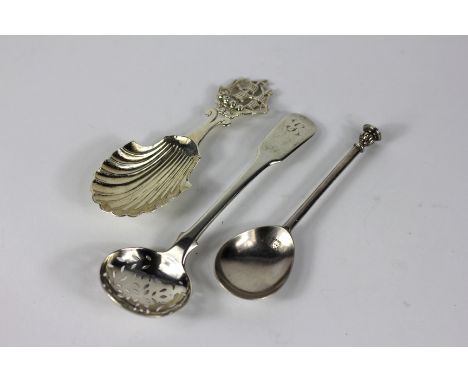 A George VI silver seal top spoon, London, 1937; a Dutch silver caddy spoon with shell shaped bowl and ship handle and a prov