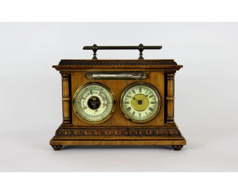 A late Victorian walnut combination barometer, time piece and thermometer, 23 x 29cm 
