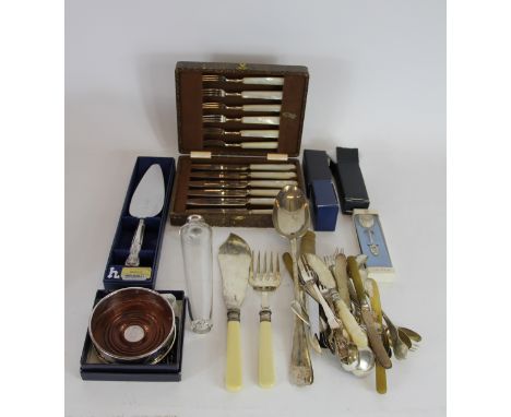 A silver and plated bayonet top conical flask, 19.5cm long, a cased set of Walker and Hall mother of pearl handled, a Mappin 