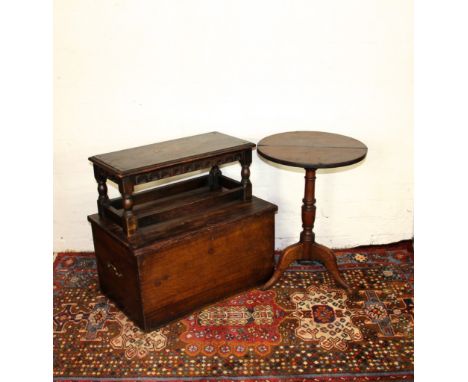 A George III oak tripod table; an oak stool and a 19th century stained pine trunk, 38 x 70cm (3)