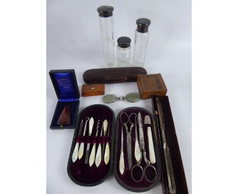 Miscellaneous Items, including a Mother of Pearl manicure set, three cut glass and silver topped vanity bottles, walnut snuff