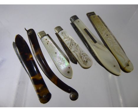 Four Antique Silver and Mother of Pearl Pen Knives, of varying designs, together with two Mother of Pearl fine bladed manicur