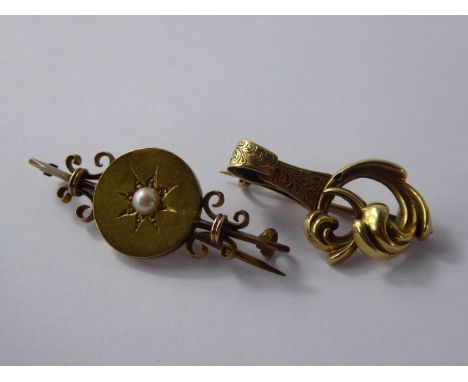 An Edwardian 9 ct Yellow Gold and Pearl Brooch, approx wt 3.4 gms, together with another 14 ct gold clip brooch, approx wt 3.