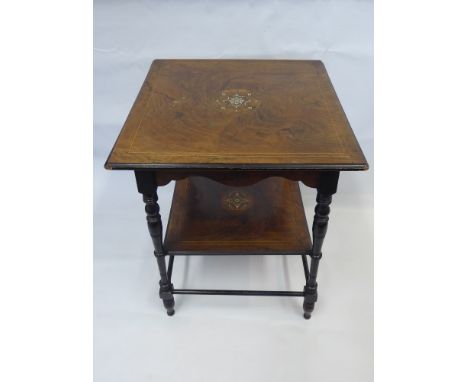 An Antique Rosewood Ivory Inlaid Square Tea Table, the table having turned legs with shelf below. approx 50 x 50 x 65 cms.