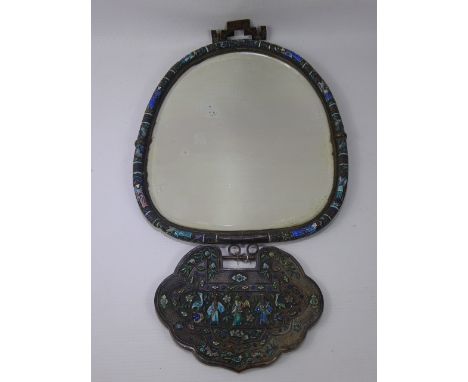 A 19th Century Chinese Enamel on Copper Mirror, the mirror with figural surround, and having a suspended scalloped panel with