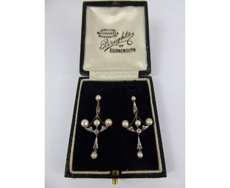 A Pair of Art Nouveau 18 ct White Gold and Platinum Natural Pearl and Diamond Drop Earrings, pearls 2.7 - 4 mm, 2 x old cut d